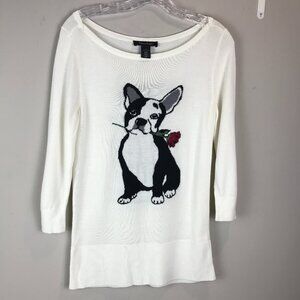 White House Black Market White Sweater with Dog Design